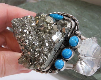 130.6 grams SIGNED sterling silver cuff bracelet, pyrite, turquoise, marked sterling, vintage