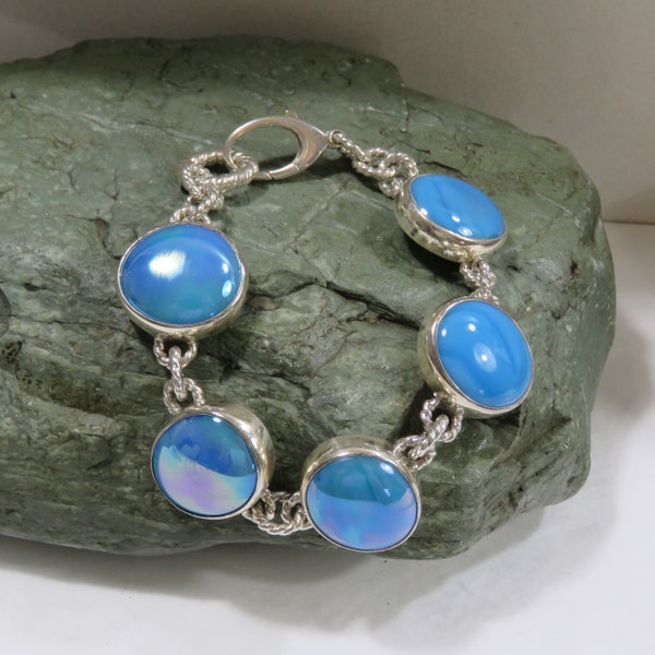 SIGNED sterling silver chain link bracelet, blue stones, marked sterling, vintage, 47.9 grams