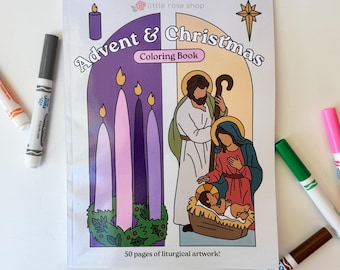May include: A coloring book titled "Advent & Christmas" with illustrations of religious figures and symbols. The cover features a purple background with candles and a star. The book is surrounded by various colored markers.