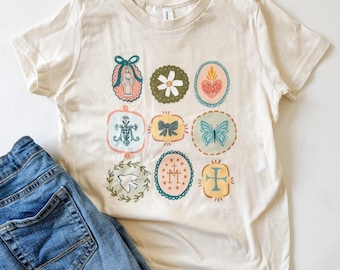 Marian Symbols Girls T-Shirt – Catholic Faith Shirt for Kids