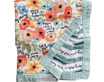 Watercolor Hail Mary Luxury Double Sided Muslin Catholic Blanket