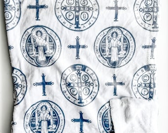 St. Benedict Medal Gray & White Minky Blanket