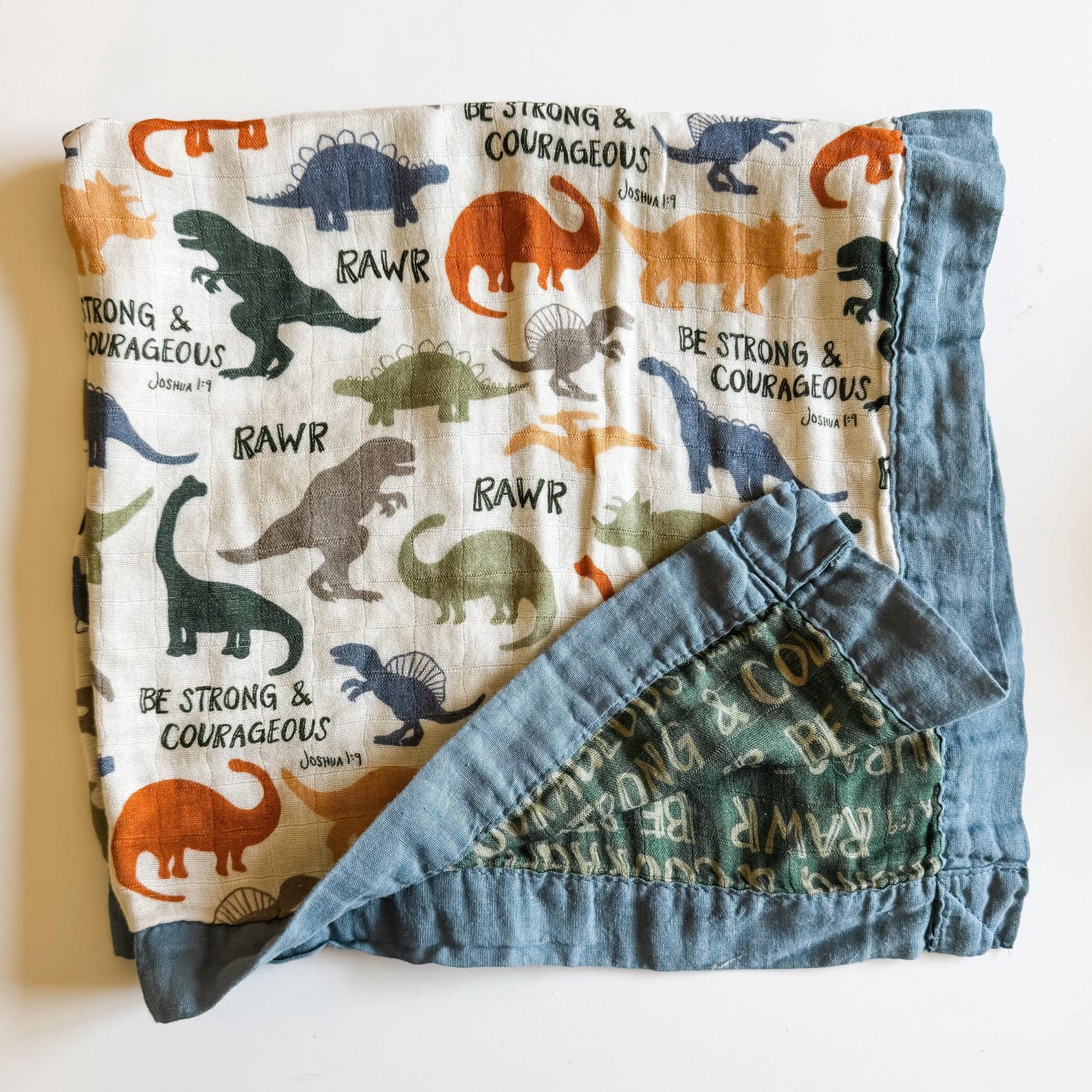Dinosaurs "Be Strong and Courageous" Luxury Double Sided Muslin  Blanket