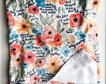Floral Watercolor Hail Mary Prayer Minky Blanket