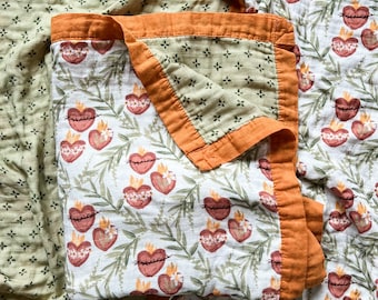 Catholic Luxury Double Sided Muslin Blanket - Holy Family Hearts