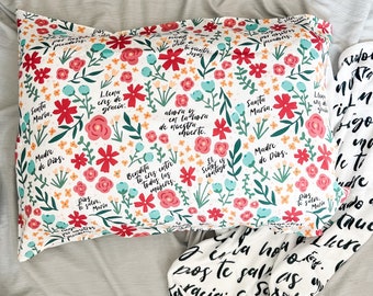 Spanish Floral Hail Mary Prayer Pillowcase