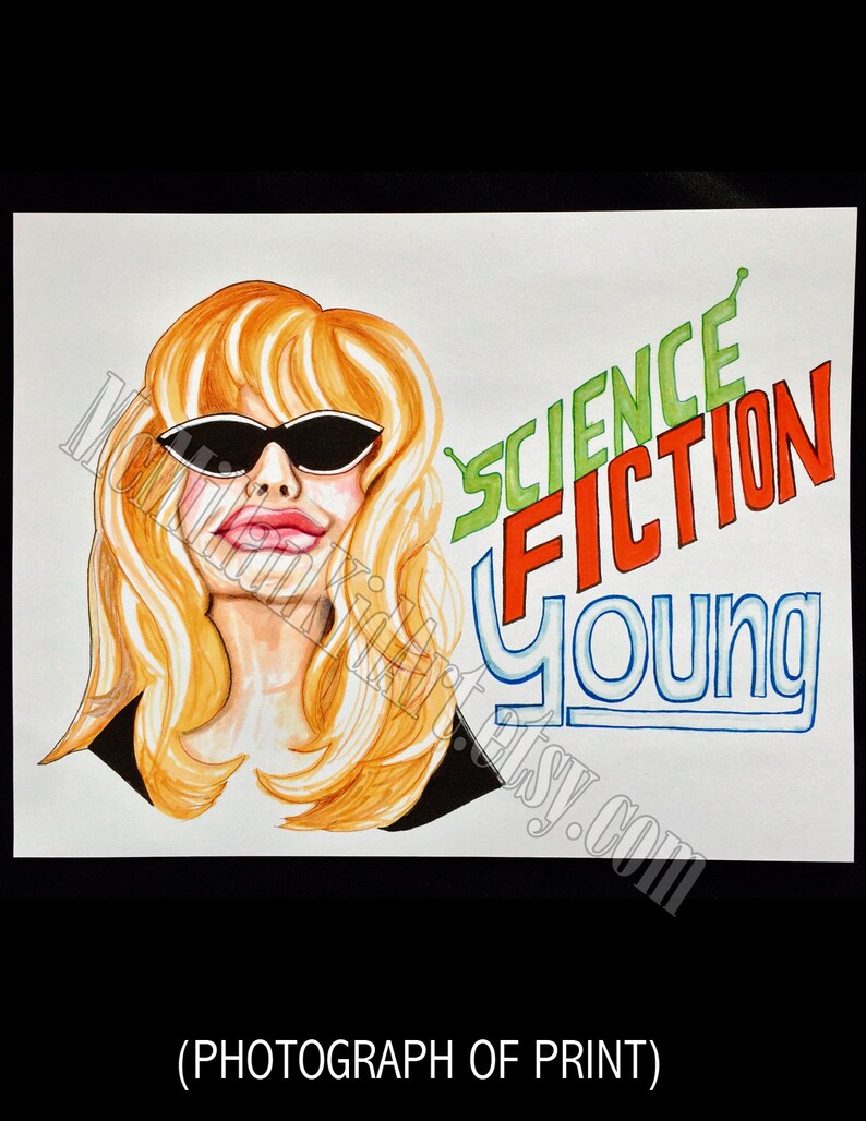 May include: A watercolor illustration of a woman with blonde hair wearing sunglasses. The text "SCIENCE FICTION YOUNG" is written in colorful letters behind her.