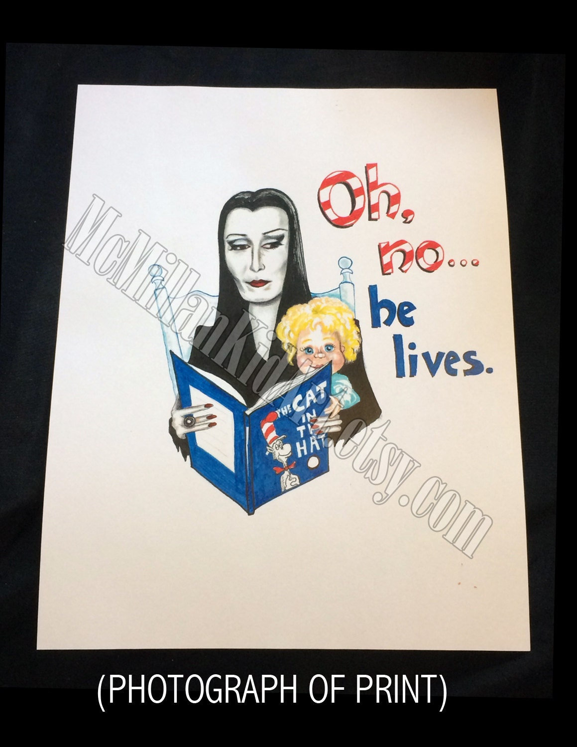 Anjelica Huston as Morticia Addams: Addams Family "Oh no, he lived" Art print