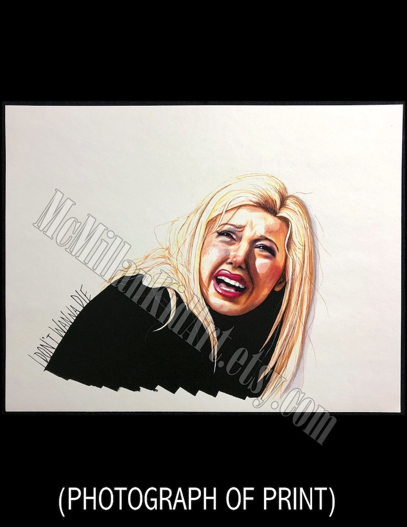 May include: A color pencil drawing of a woman with blonde hair, wearing a black jacket. She is crying and her mouth is open. The text "Don't wanna die" is written on the left side of the image.