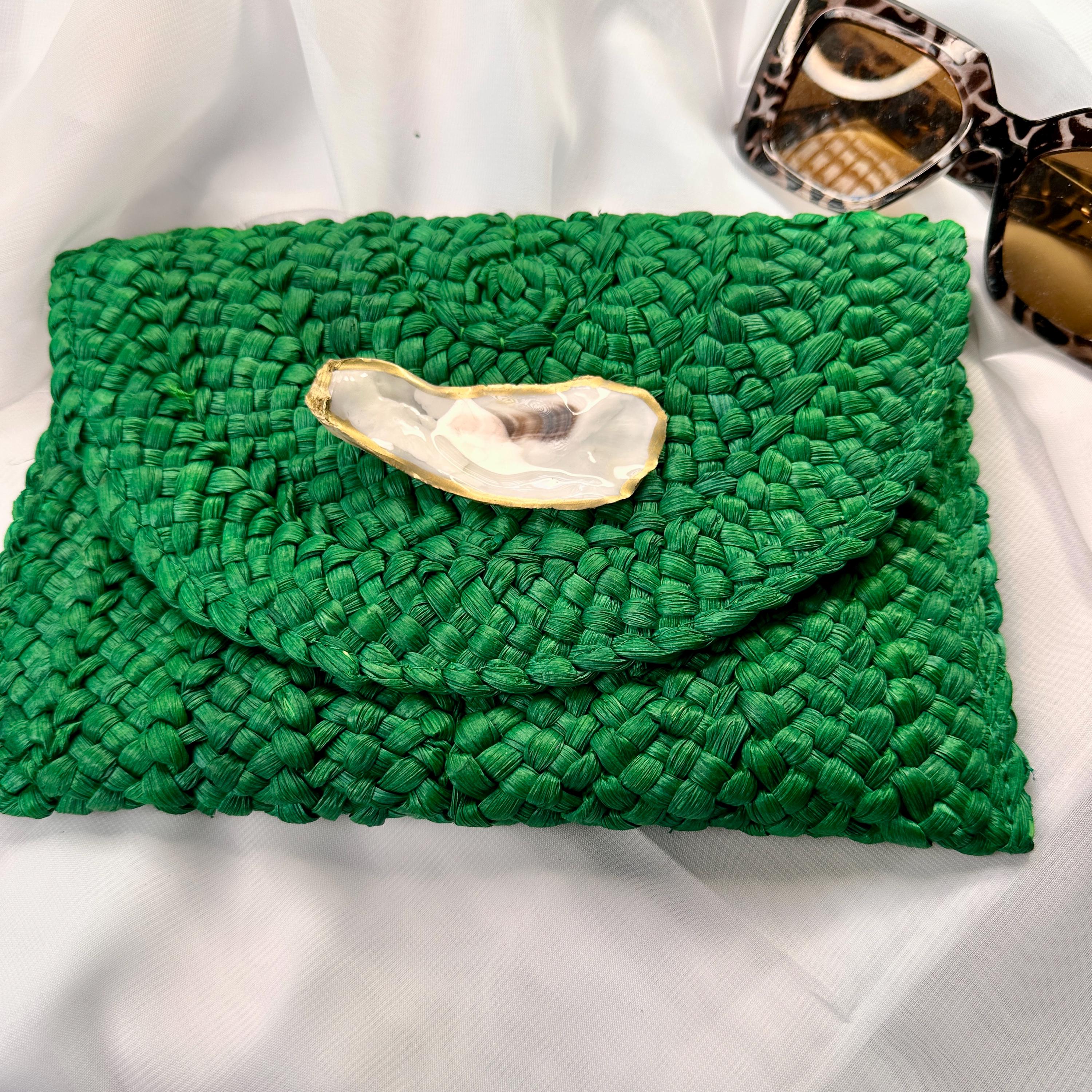 Straw Clutch Purse, Oyster Shell Decor, Beach Wedding 