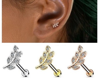 Flat Back Stud with Crystal Leaf - Cartilage Tragus Helix Earring Ear Ring, Internally Threaded Surgical Steel Labret Piercing, 1.2mm