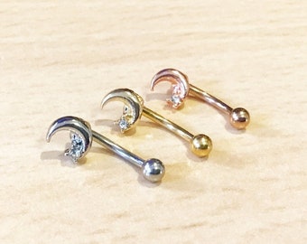 Moon & Star Curved Barbell - Crystal Rook, Daith, Cartilage, Eyebrow Piercing - Steel, Gold Plated or Rose Gold Plated - 8mm x 1.2mm 16g