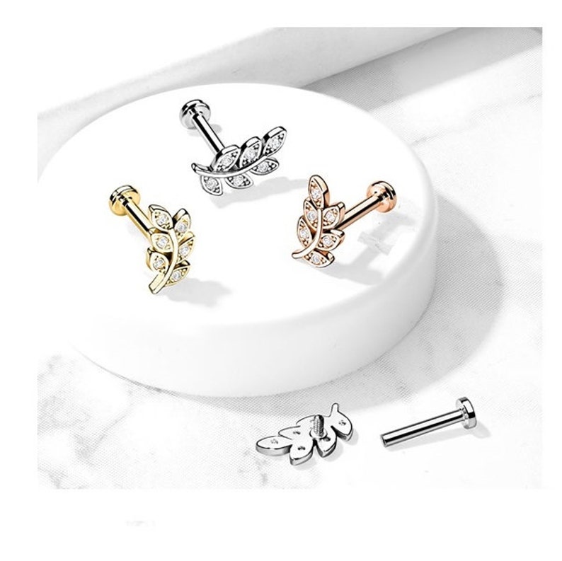 Flat Back Stud with Crystal Leaf Cartilage Tragus Helix Earring Ear Ring, Internally Threaded Surgical Steel Labret Piercing, 1.2mm image 2