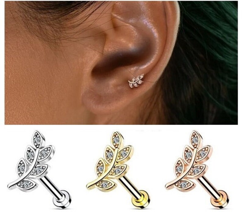 Flat Back Stud with Crystal Leaf Cartilage Tragus Helix Earring Ear Ring, Internally Threaded Surgical Steel Labret Piercing, 1.2mm image 1