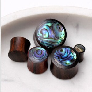 Wooden  Ear Plug with Abalone Inlay - Double Flare Flesh Tunnel Organic Wood Stretcher Gauge Earring - 6mm 8mm 10mm 12mm 14mm 16mm