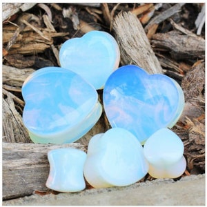 Opalite Heart Shape Stone Ear Plug - Double Flare Flesh Tunnel Expander Stretcher Organic Gauge Earring - 6mm 8mm 10mm 12mm 14mm 16mm