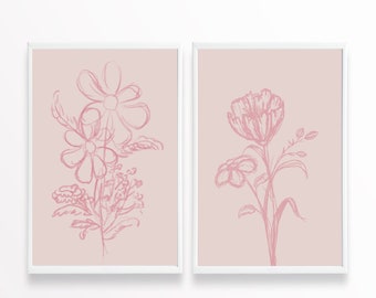 Pink Flower Line Art, Set Of 2 Digital Prints. Flower Print Set, Floral Line Art,  Botanical Wall Art,  Flower Wall Decor. Trendy Wall Art.