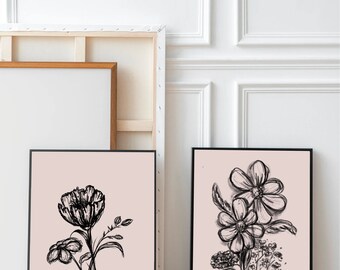 Modern Flower Line Art Prints  Botanical Wall Art Set of 2 Prints Pink and Black Flower Prints Minimal Floral Art Digital Download