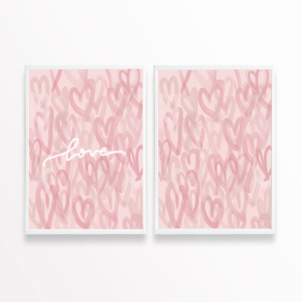 Trendy Preppy Pastel Light Baby Pink  Hearts Wall Art Set of 2 Abstract Hearts Art Digital Download Modern Graffiti Hearts Prints