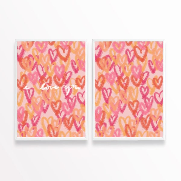 Trendy Preppy Warm Pink Orange Hearts Abstract Heart Art Printable Hearts Wall Art Set of 2 Abstract Graffiti Hearts Art Digital Download