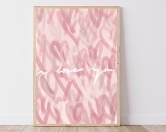 Trendy Pink Preppy Hearts, Digitaldruck, ästhetische Wandkunst, adrette Poster Print, College Room Decor, I Love You Zitat