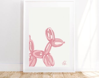 Impresión de perro globo rosa preppy de moda, arte de pared estético, cartel de dormitorio universitario preppy arte de pared imprimible de moda