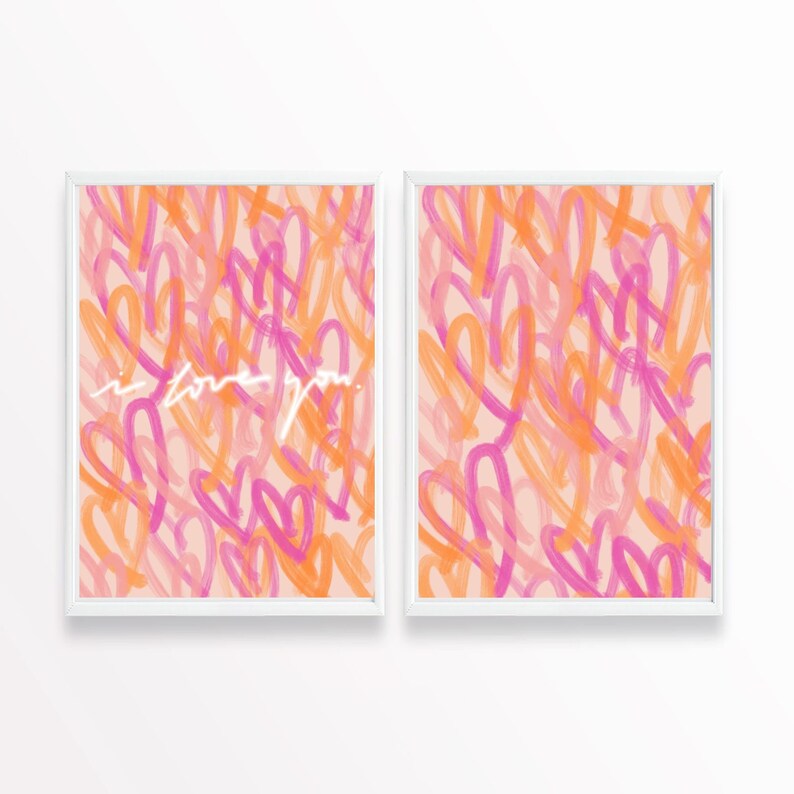 Trendy Preppy Pink Orange Hearts Wall Art Set of 2 Abstract Etsy