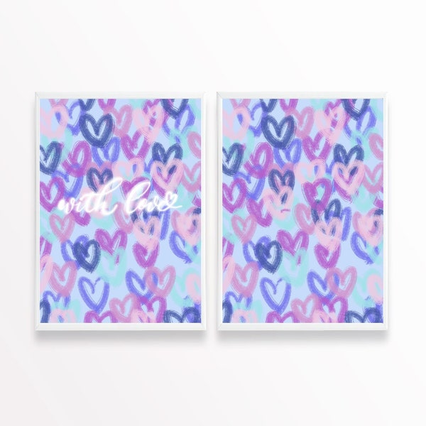 Trendy Graffiti Purple Blue Hearts, Heart Art, Love Quote, HeartsWall Art Set of 2, Abstract Hearts Art, Digital Download