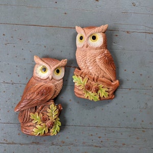 Vintage chalkware great horned owl wall decor set of two