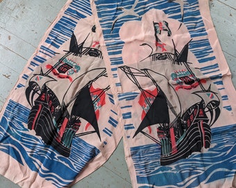 Vintage 1940s sailing ship novelty printed silk scarf