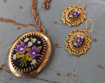 Vintage embroidery violet locket necklace and earrings set