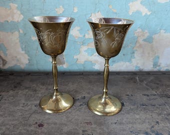 Vintage etched brass goblet set of two