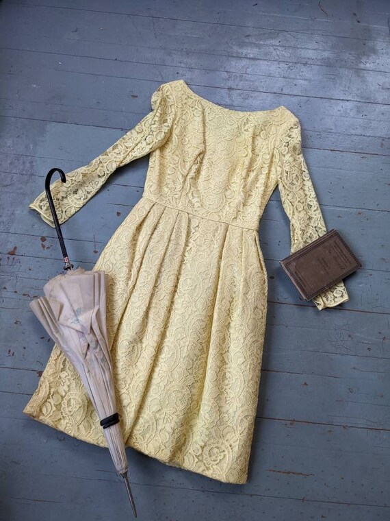 Vintage 1960s hand sewn yellow lace cocktail dress - image 3