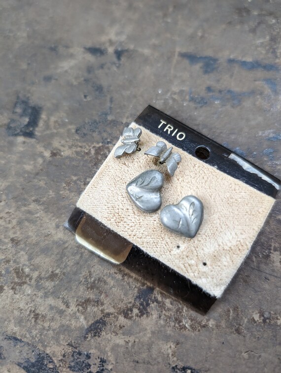 Vintage pewter heart and butterfly earrings set o… - image 2