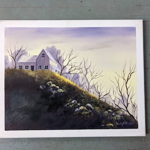 Vintage original oil landscape painting of a barn on a hillside