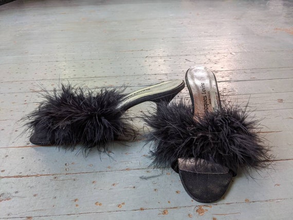 Vintage Jacques Levine Black Malibu Feather Kitten Heel Mule | Etsy