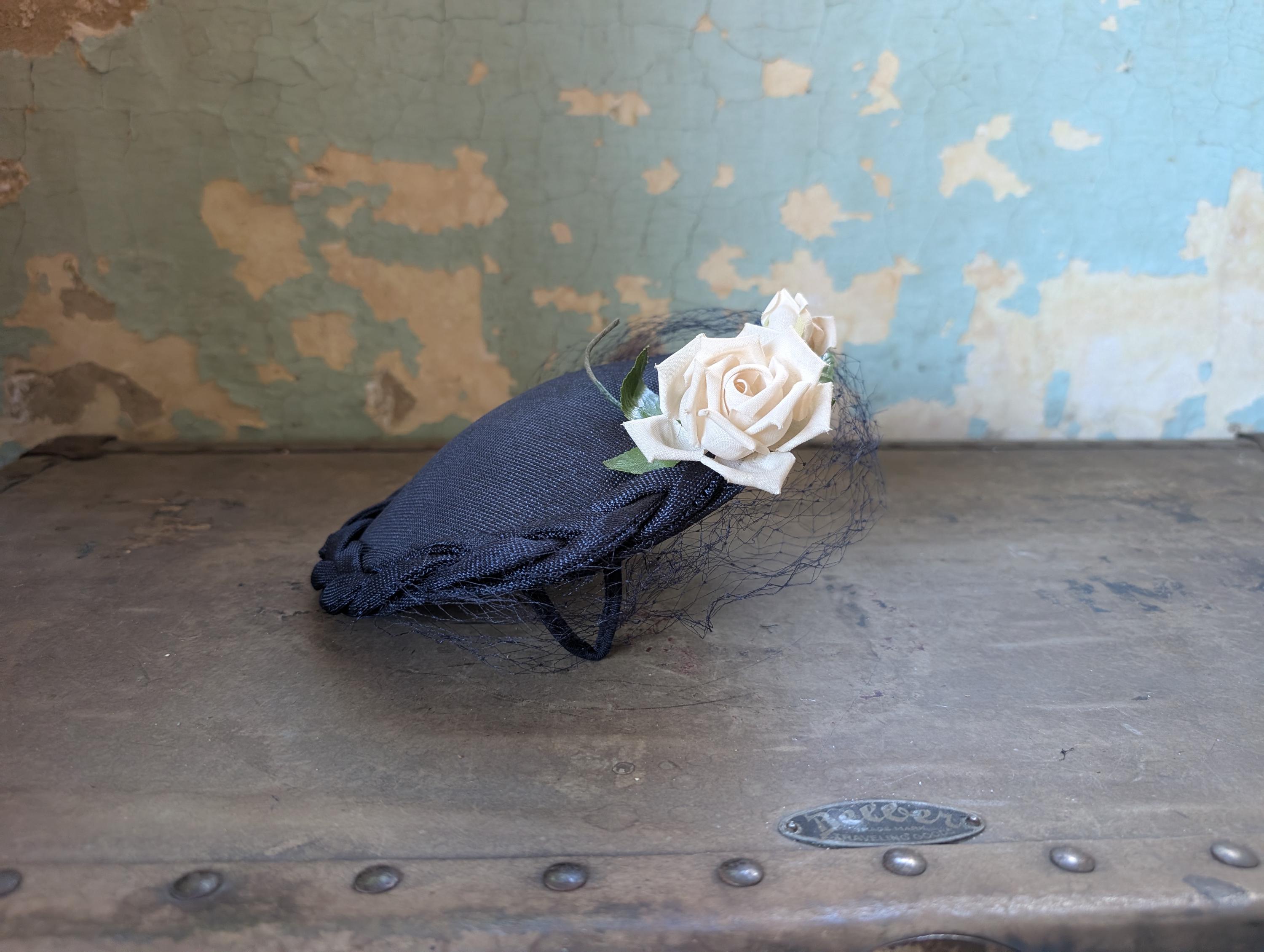 VTG  50s Floral Ribbon Hat w/  Broadway Store Box & Receipt – Bouquet Flower Hat Beula vintage 50s velvet floral half hat, veil | Erstwhile  main image 4