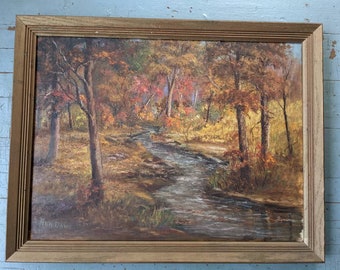 Vintage framed original oil painting of a forest stream in autumn