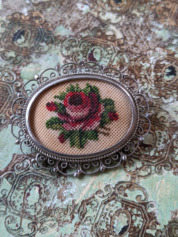 Vintage needlepoint rose brooch