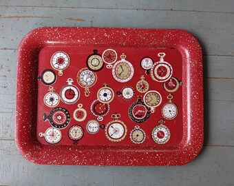 Vintage red tin clock and pocket watch novelty serving tray