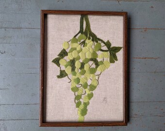 Vintage framed crewel embroidery of green grapes