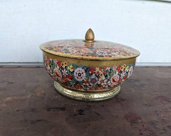 Vintage lidded floral tin bowl container