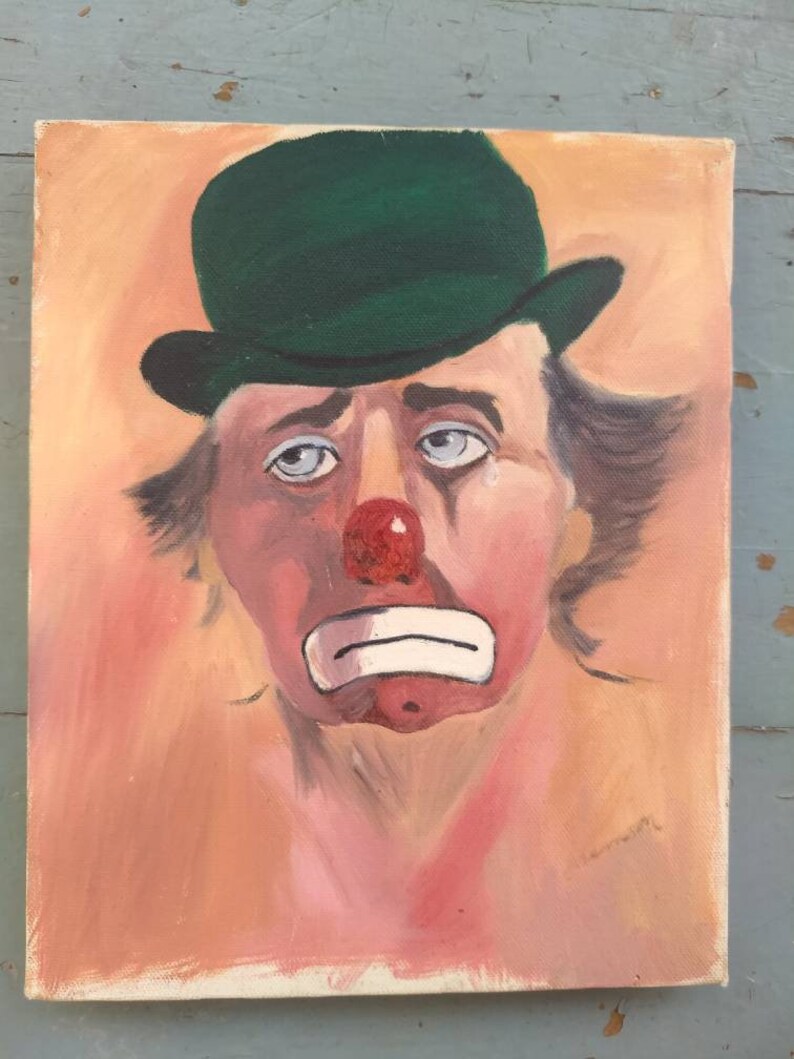 Vintage original sad clown oil painting