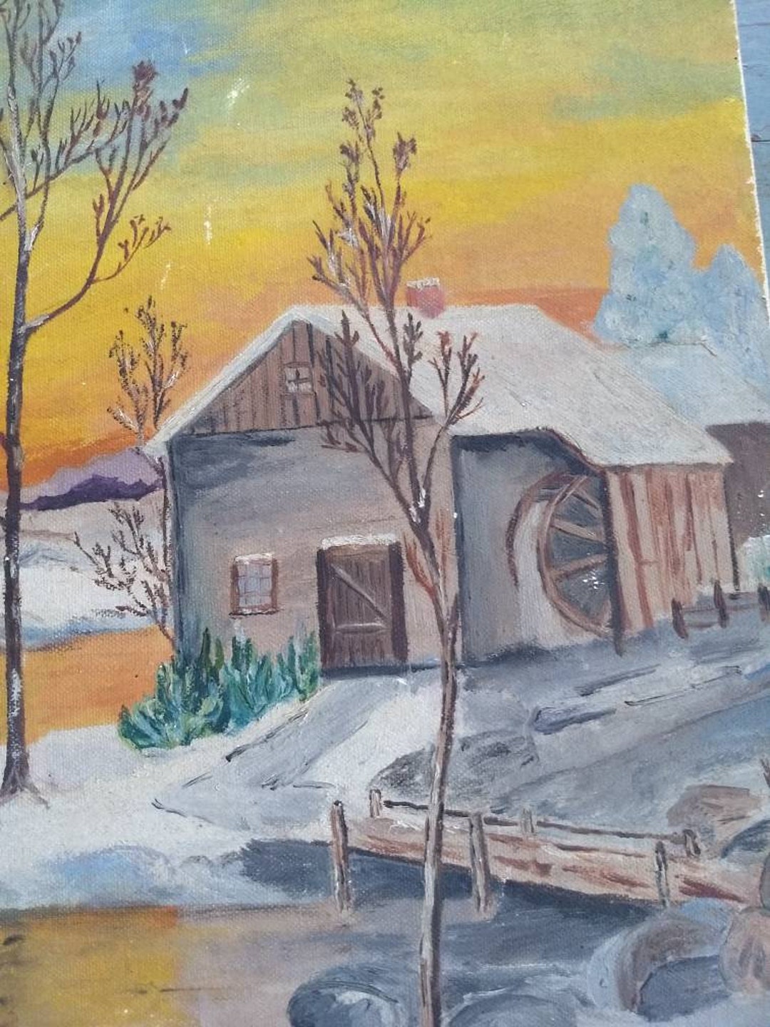 Vintage Original Painting of a Cabin in Snow - Etsy