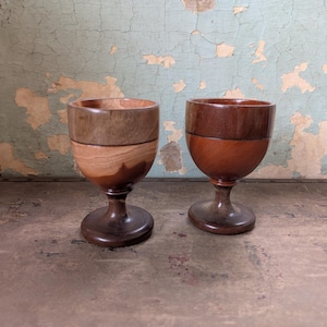 Vintage handmade turned wooden goblet set of two
