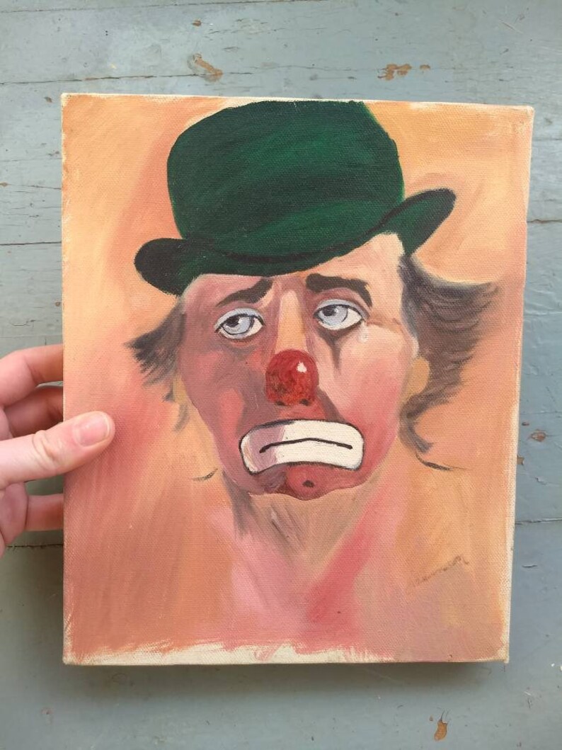 Vintage original sad clown oil painting
