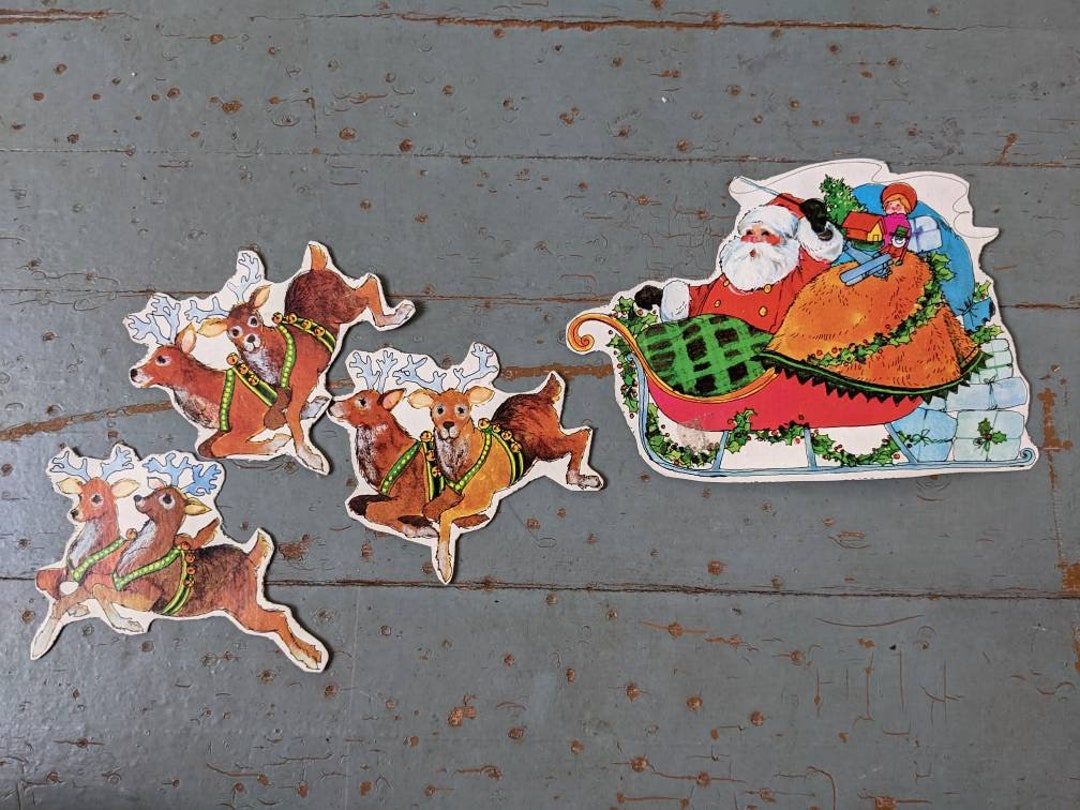 Vintage Santa's Sleigh and Reindeer Wall Hanging Cardboard Art Etsy