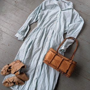 Vintage 1980s blue pinstripe shirtwaist dress