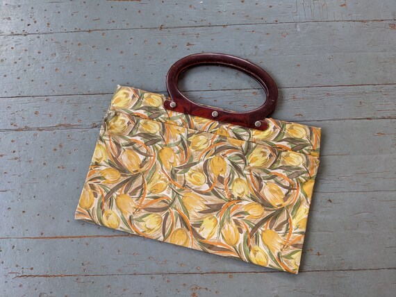 Vintage 1950s yellow tulip print vinyl handbag - image 1