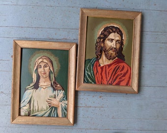 Vintage framed Jesus and Mary paint by number art set of two